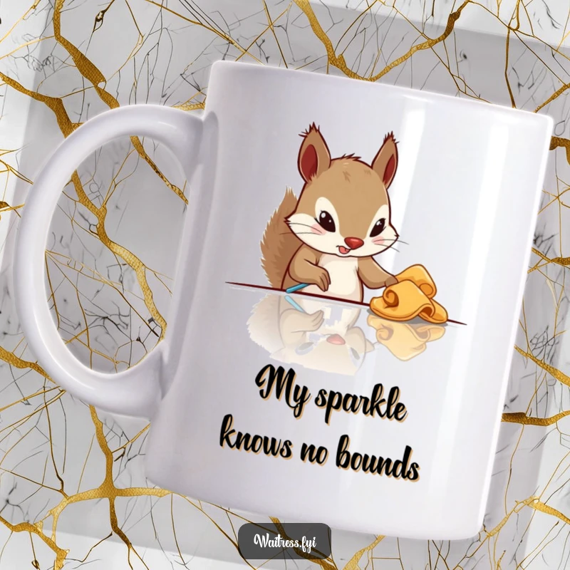 Funny squirrel mug showing a determined squirrel wiping a shiny table with a cloth, conveying dedication and humor.