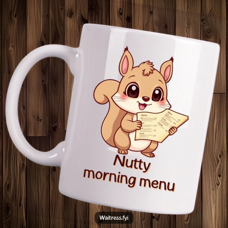 Funny mug featuring a giggling squirrel with large, wide eyes, attentively holding out a menu, ready to serve.