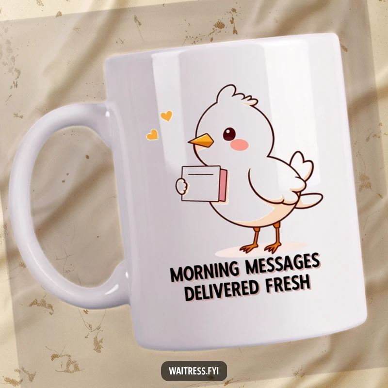 Funny Kawaii Bird Mug: A cute bird happily chirps while delivering a small note to a customer, spreading joy.