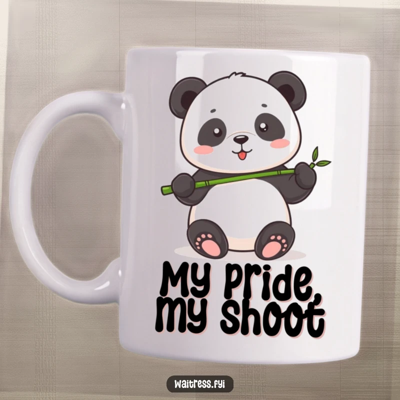 Funny Panda Mug featuring an adorable panda artistically serving a tiny bamboo shoot with immense pride and a sweet expression.