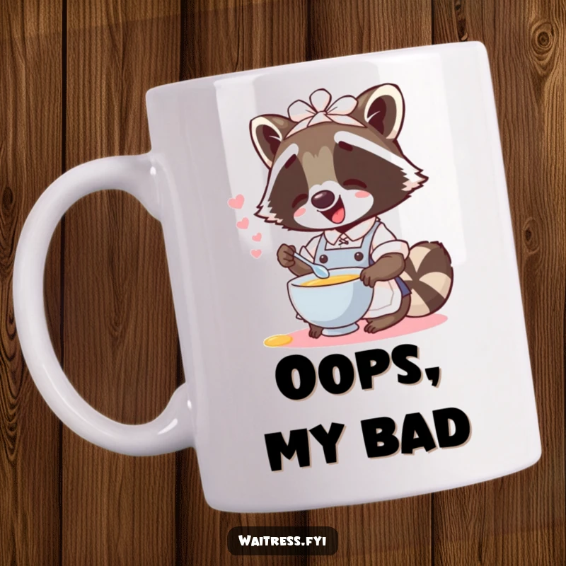 Funny raccoon waitress giggling uncontrollably while spilling imaginary soup on a coffee mug, a chaotic and cute kitchen accessory.