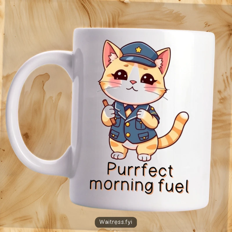 Funny Cat Waiter Mug featuring a playful cat in uniform taking an order with a wink, ideal for coffee lovers and as a funny gift.