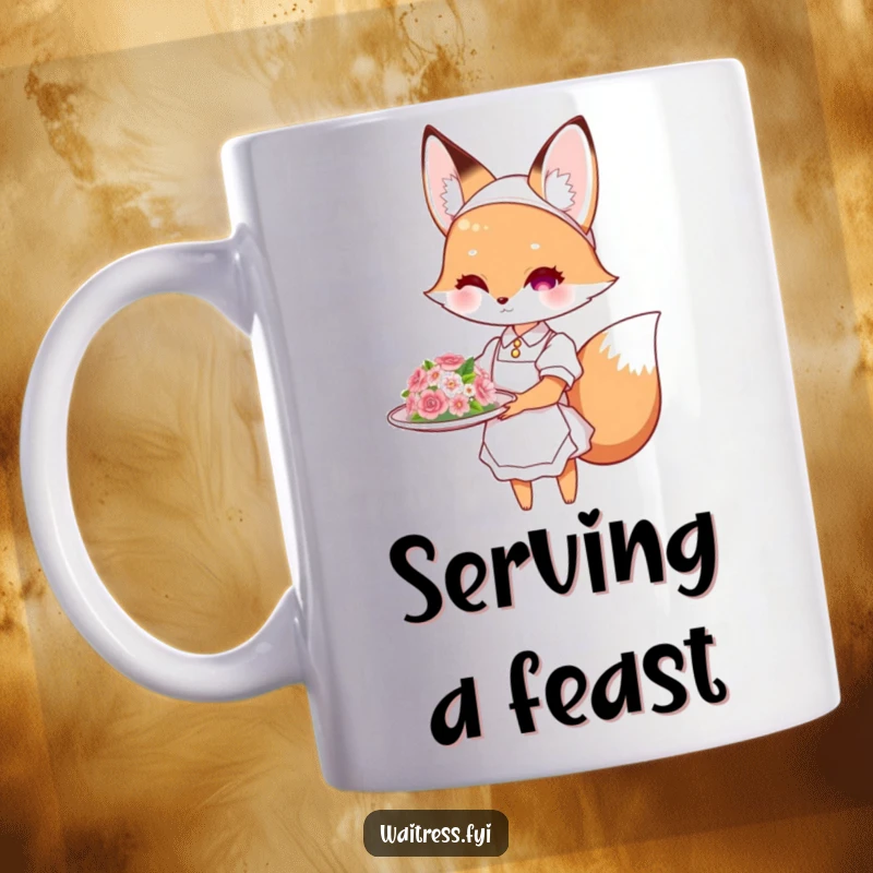 Funny fox waitress mug showing a cute fox gracefully presenting a flower-decorated dish, a delightful and humorous funny gift.