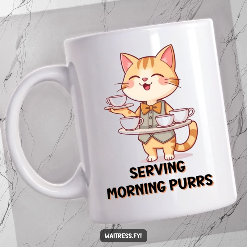 Funny Cat Waiter Mug: A happy, sophisticated cat character in a bowtie smoothly balances a tray laden with delicate teacups.
