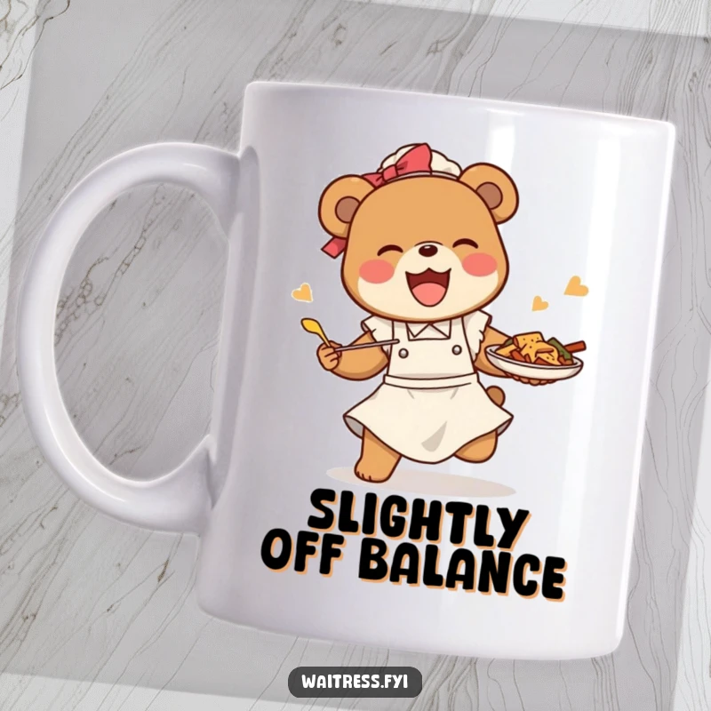 Funny bear waitress mug showing a happy bear comically tripping but miraculously saving the food, a relatable mishap.