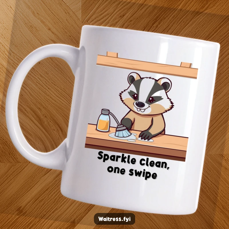 Funny mug with a determined badger wiping a table with a huge, focused grin, showcasing its cleaning prowess.