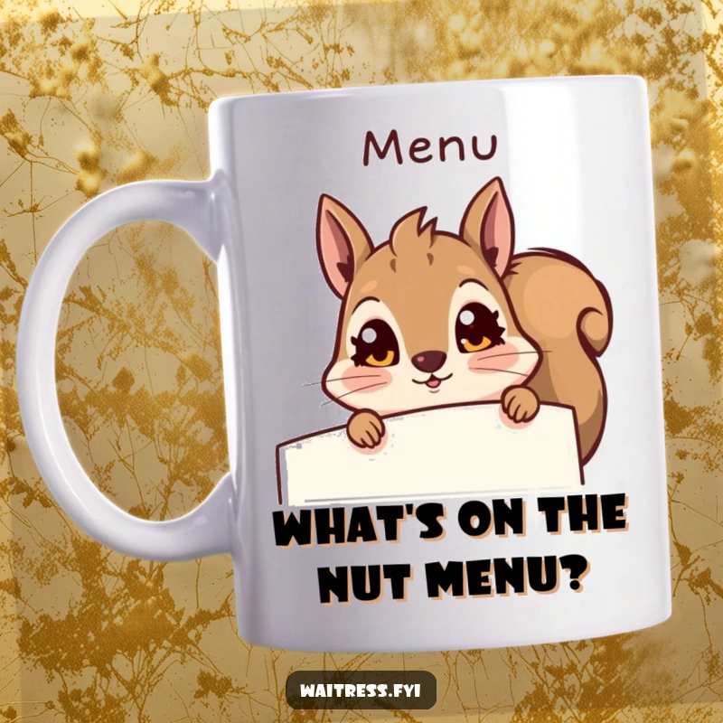 Funny squirrel mug, peeking curiously from behind a menu with a surprised expression, ideal for coffee lovers. A delightful animal gift.