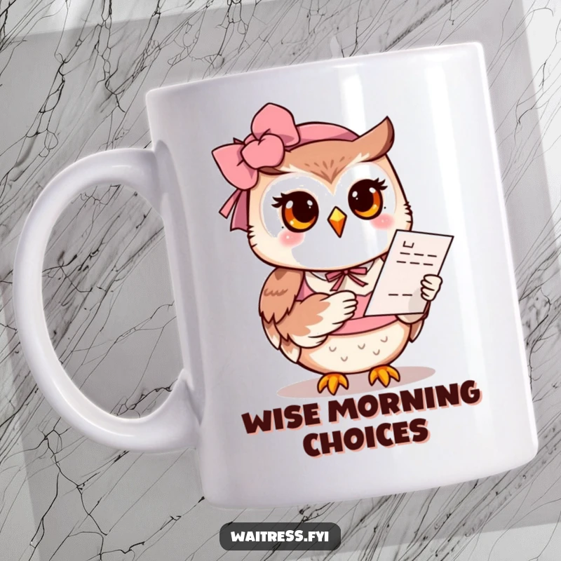Funny Owl Waitress Mug: A polite owl with a gentle, smiling gaze offers a menu, radiating warmth and inviting service.
