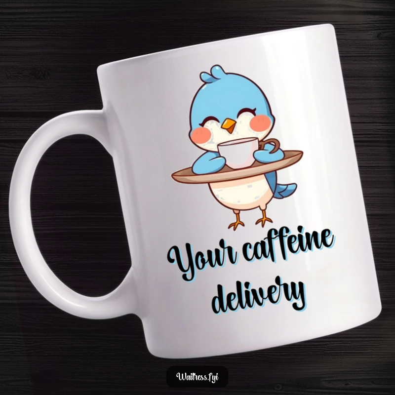 Funny blue bird character balancing a tray, winking as it presents a steaming cup on a mug, a perfect funny gift.