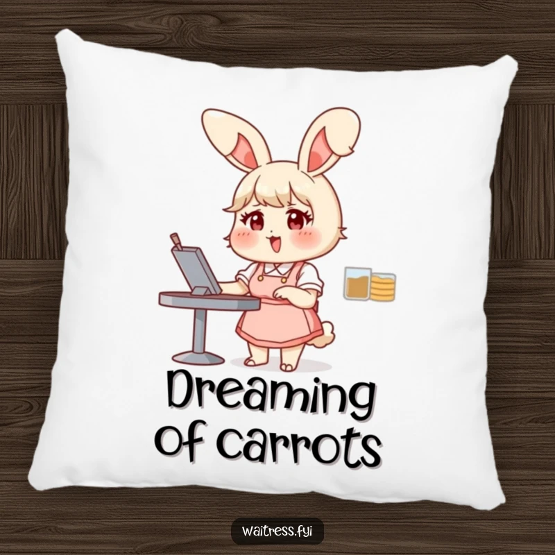 Funny bunny waitress pillow featuring a chubby bunny taking an order with glee, offering softness and a heartwarming funny gift.