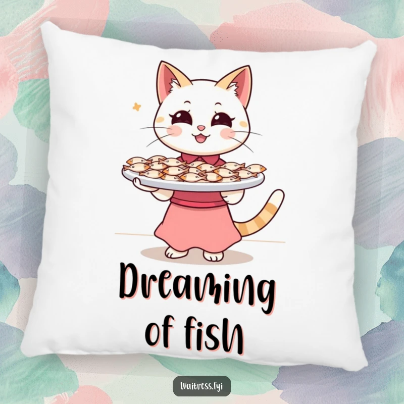 Funny Cat Waitress Pillow: A happy cat waitress balancing a tray of tiny fish, bringing humorous feline charm and comfort to any room.