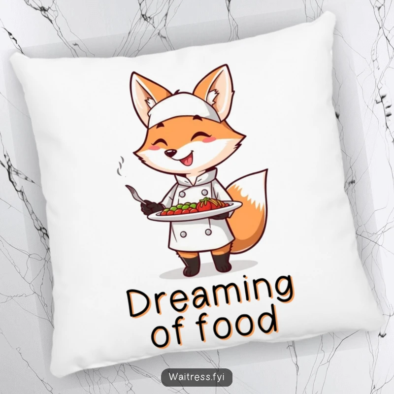 Funny Fox Chef Pillow with a smiling fox chef presenting a plate, perfect for sofa decor and as a gourmet, funny gift.