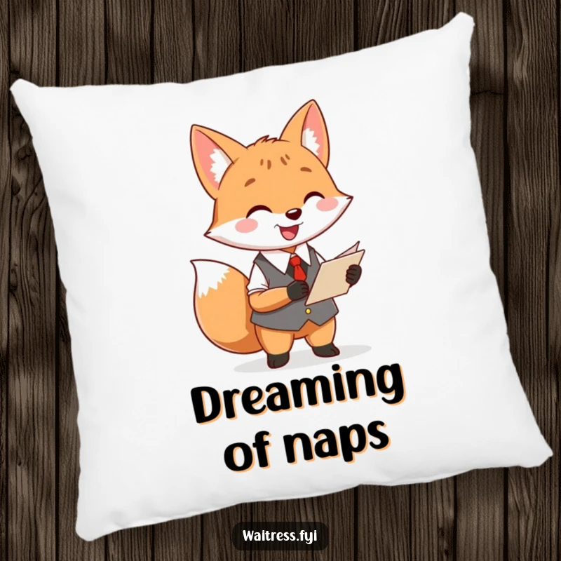 Funny fox waiter pillow with a plush design of a cheerful fox with a notepad, perfect for cozy comfort.