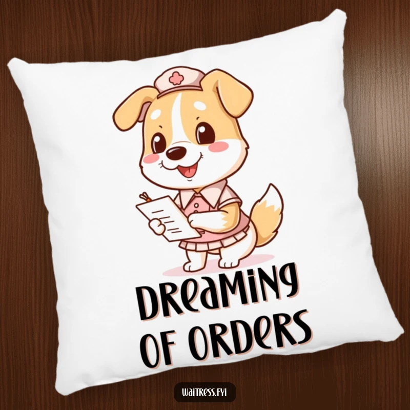 Funny Dog Waitress Pillow featuring a happy dog in a waitress uniform, holding a notepad and pen to write orders.