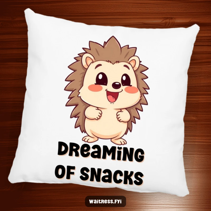 Funny happy hedgehog character with a large menu, looking eager, on a soft pillow, perfect for adding comfort and humor.