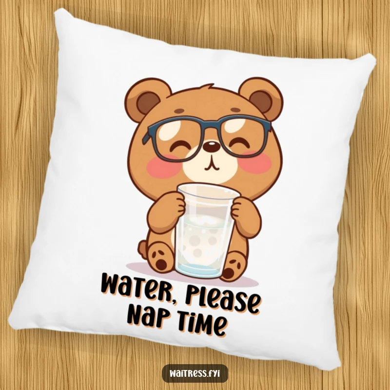 A funny, brown bear character with glasses is shown refilling a water glass, offering comfort and humor.