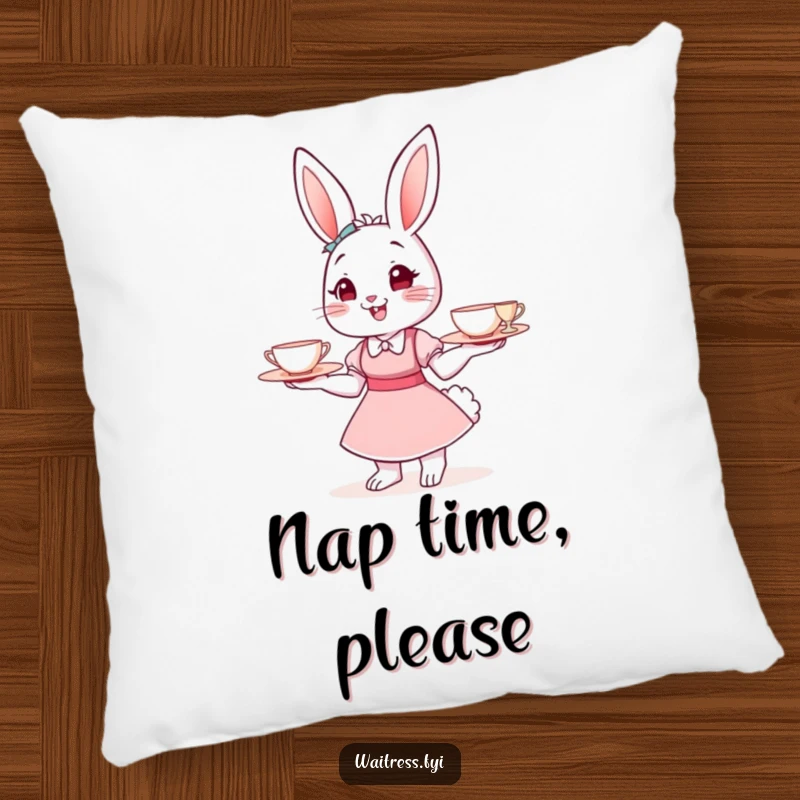 Funny Bunny Waitress Pillow with a cheerful bunny balancing teacups, perfect for sofa decor and as a cute, funny gift.