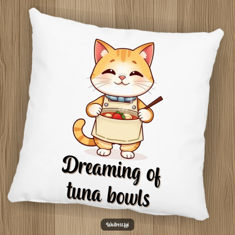 Funny cat chef pillow, a proud cat wearing an apron presents a steaming bowl. Soft and humorous decorative accent.