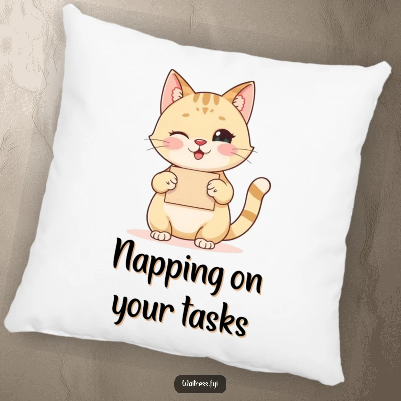 Funny cat pillow showing a happy cat taking an order with a polite nod and twinkling eye, soft and humorous.