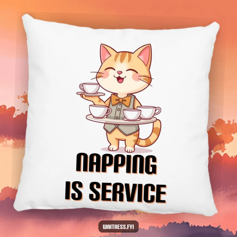 Funny Cat Waiter Pillow: A happy cat waiter character in a bowtie rests comfortably, balancing a tray of teacups.