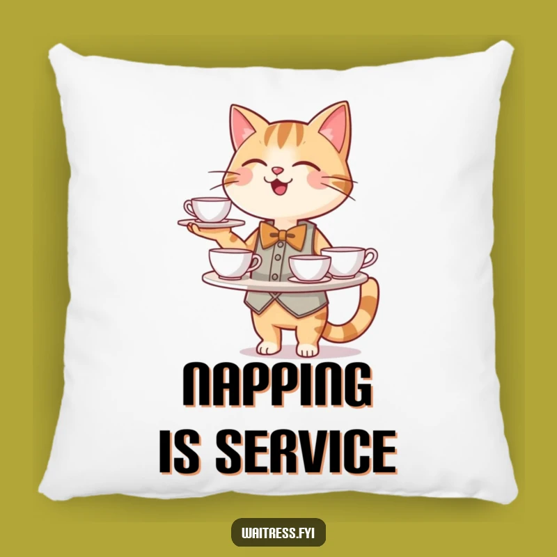 Funny Cat Waiter Pillow: Cozy Service & Teacups - Comfy Funny Gift