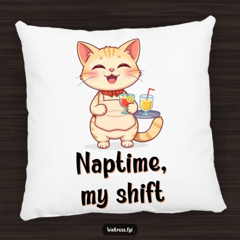 Funny Cat Waiter Pillow featuring a happy cat wearing a tiny apron, balancing a tray laden with drinks.
