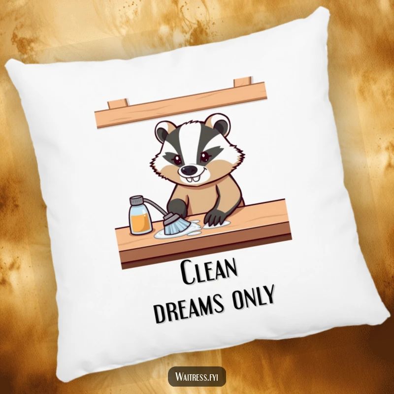 Funny pillow displaying a focused badger wiping a table with a resolute grin, adding a touch of humor to decor.