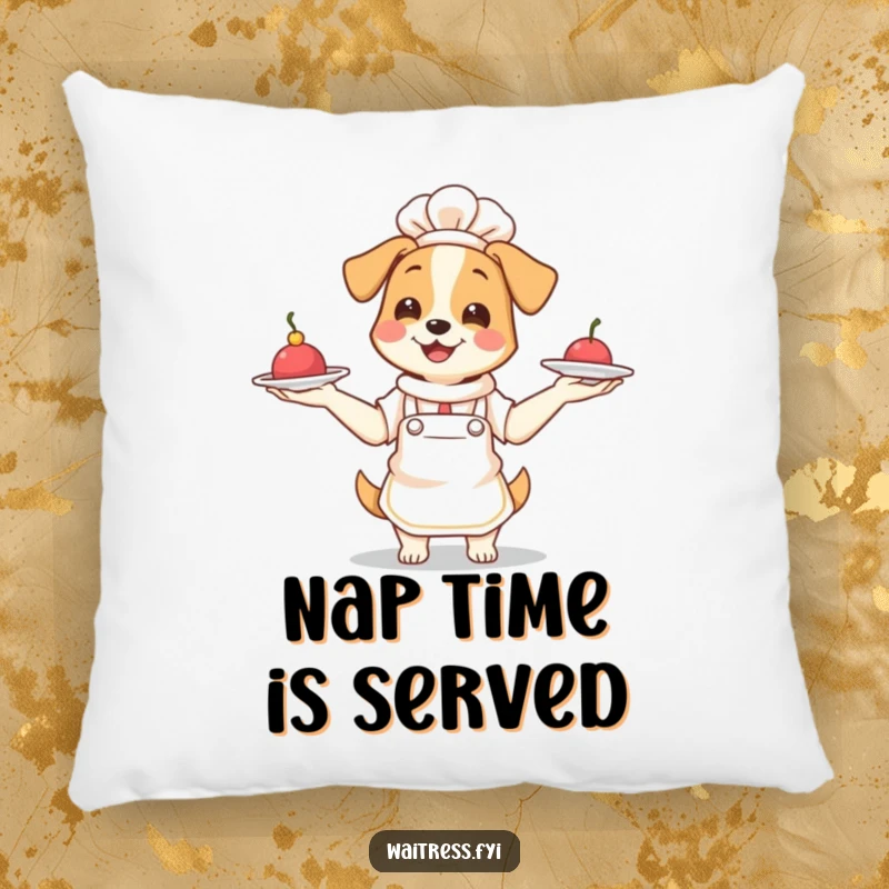 Funny Dog Waitress Pillow: Adorable dog waitress juggling plates, soft and humorous decorative cushion.