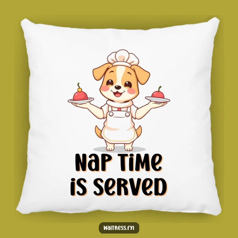 Funny Dog Waitress Pillow: Cozy Juggling Pup Cushion, Hilarious Home Decor Gift