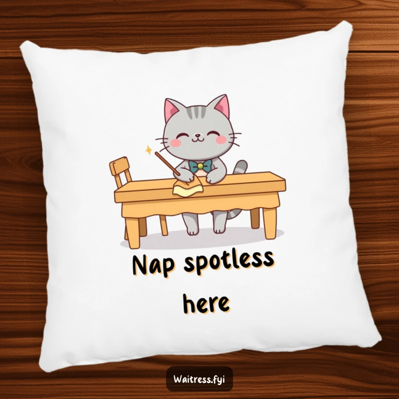 Funny grey cat character with a bow tie, smiling and wiping a table, on a pillow, a funny accent gift.