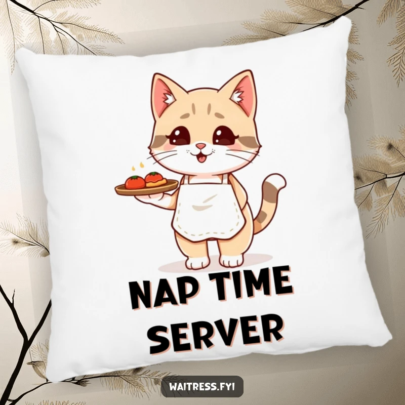 Funny Kawaii cat waiter pillow depicting a cute cat in an apron with a food tray, offering comfort and humor.