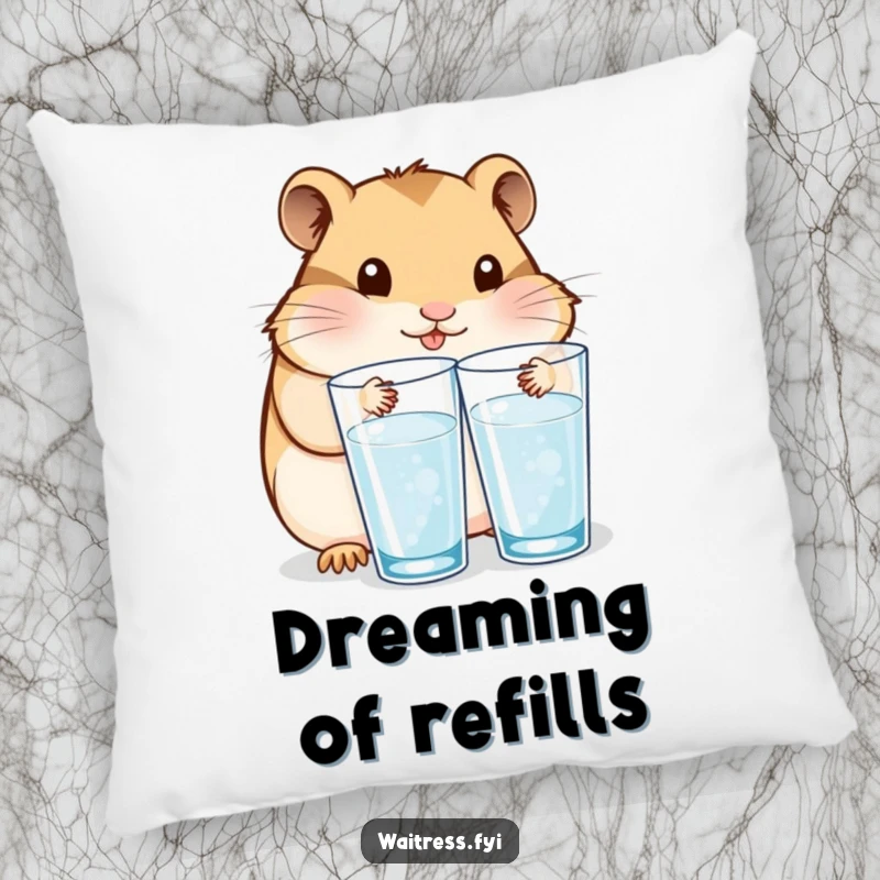 Funny pillow showcasing a content Kawaii hamster refilling water glasses, offering comfort and a reminder of attentive service.