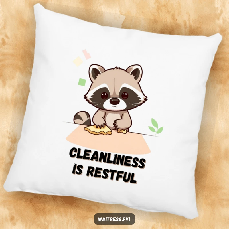 Funny pillow showcasing a busy Kawaii raccoon wiping a table, offering comfort and a touch of neatness.