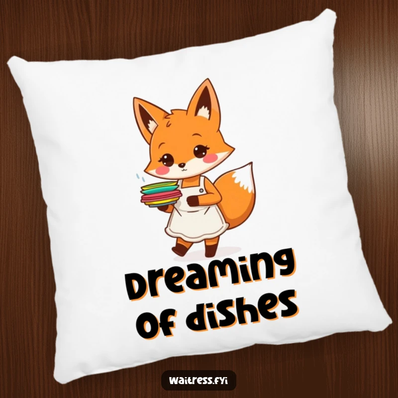 Funny orange fox character with an apron, happily carrying plates, on a pillow, a funny accent gift.