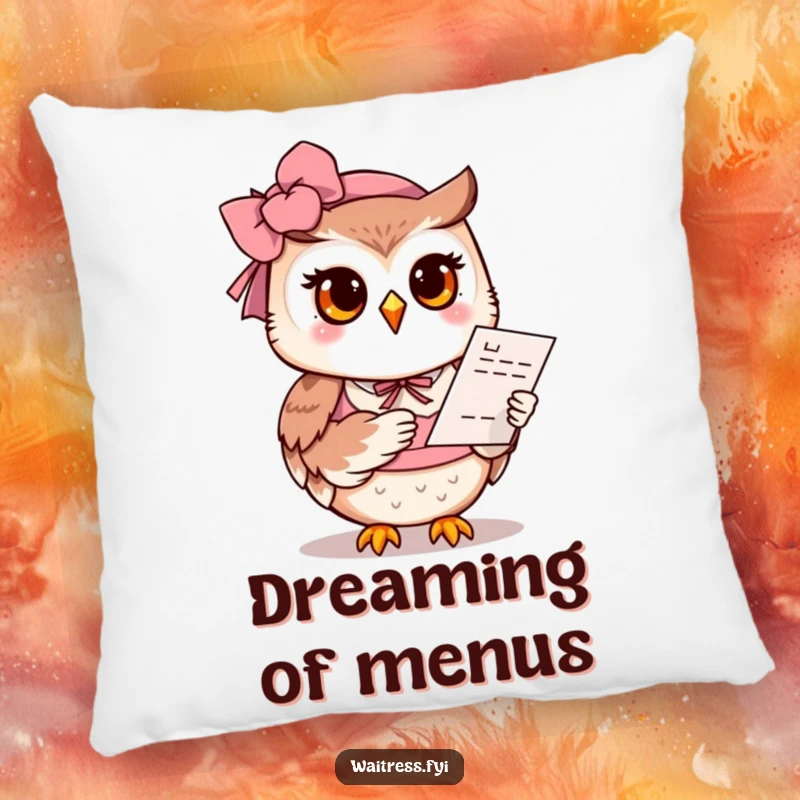 Funny Owl Waitress Pillow: A polite owl with a gentle smile presents a menu, offering a touch of cozy humor to any seating area.