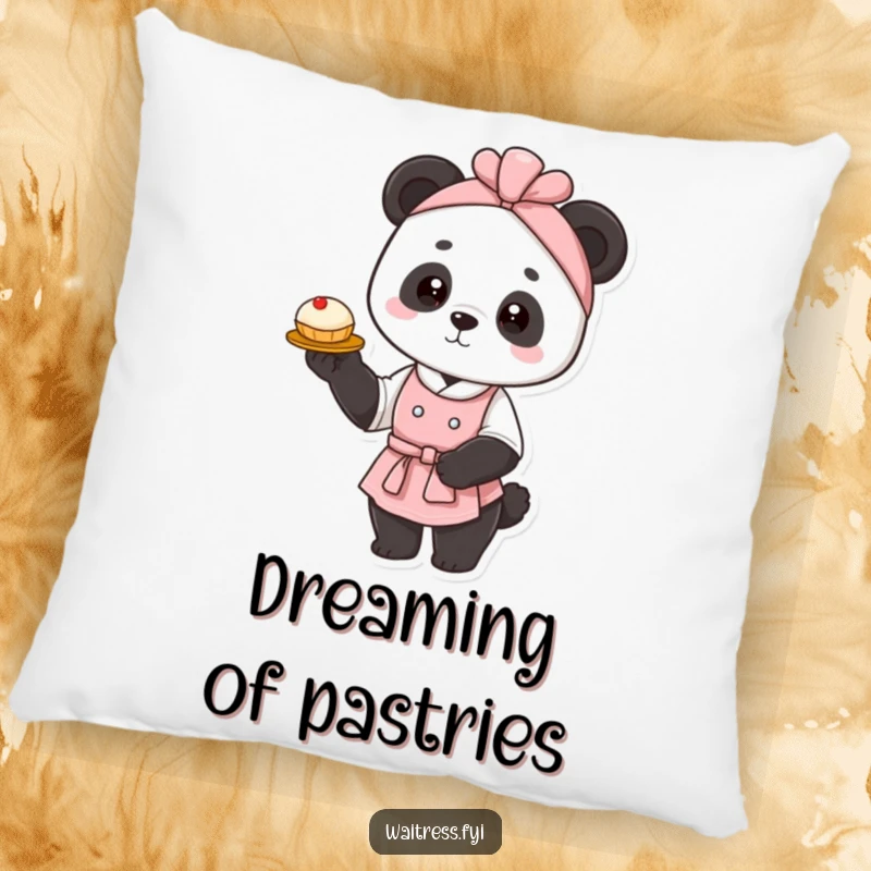 Funny panda waitress pillow featuring a graceful panda elegantly presenting a pastry, designed for comfort and a touch of sophisticated humor.