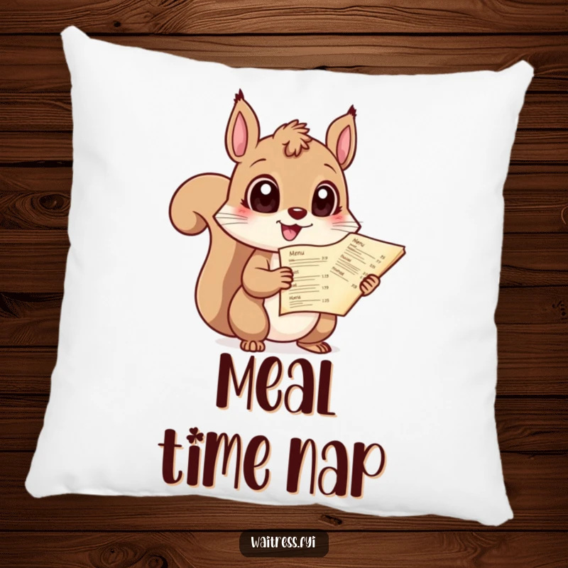 Funny, plush pillow depicting a giggling squirrel with large eyes holding a menu, perfect for adding cute humor.