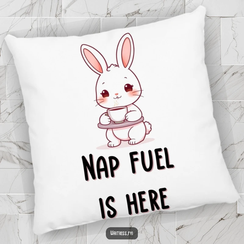 Funny bunny character holding a tea tray and teacup on a soft pillow, offering comfort and a touch of playful charm.