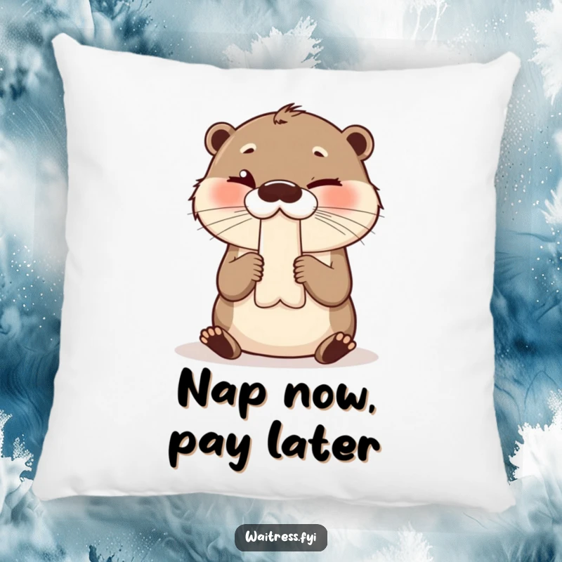Funny pillow featuring a giggling otter presenting a bill with a sly wink, adding a touch of humor to decor.