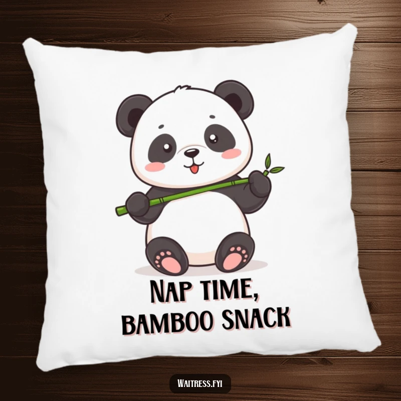 Funny Panda Serving Pillow showcasing a cute panda artistically serving a tiny bamboo shoot with pride, blending comfort and charm perfectly.