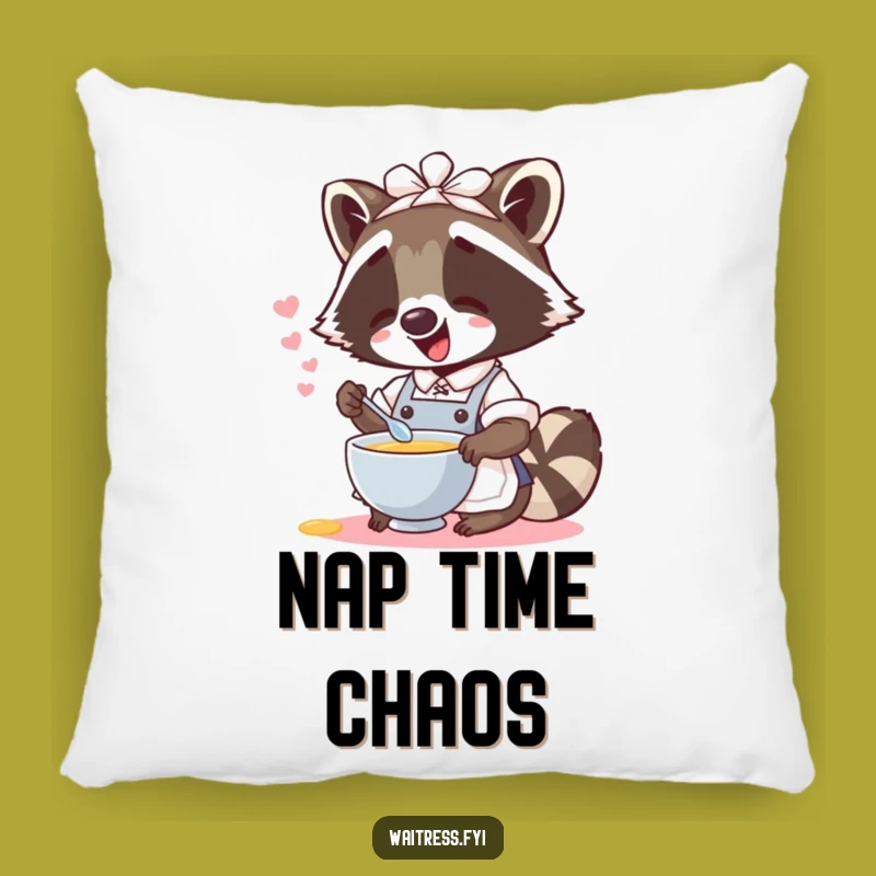 Cozy Funny Raccoon Waitress Pillow: Cuddle up with a giggle, a perfect funny gift.