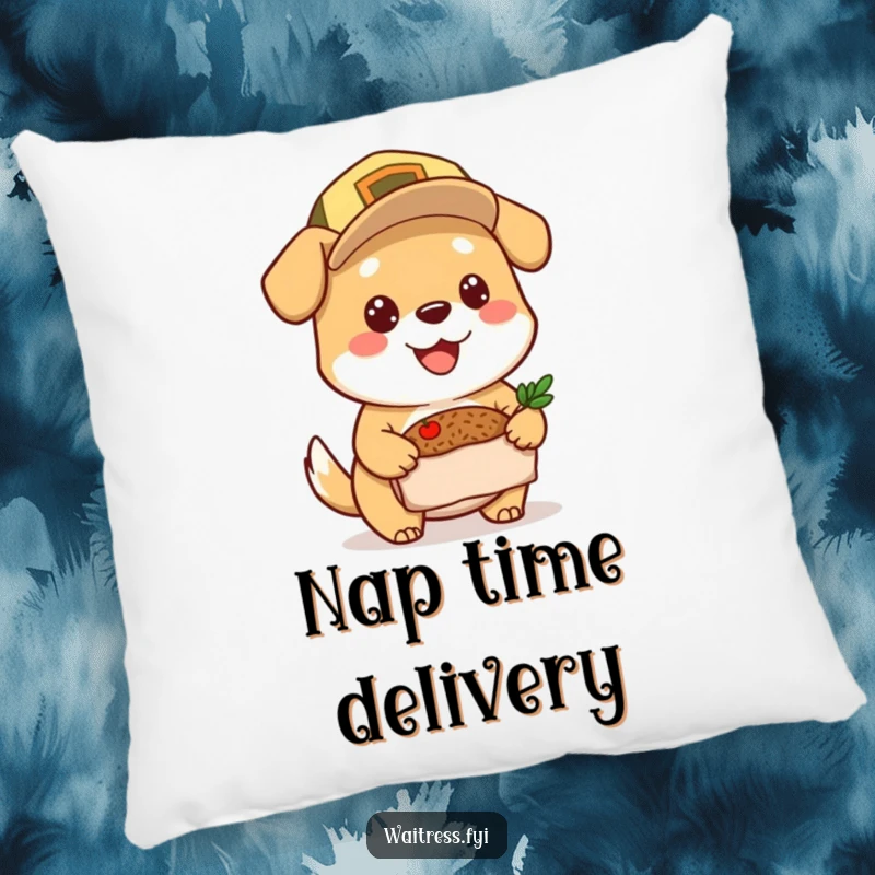 Funny Dog Pillow: A cute dog with a cap delivering a meal, adding humor and comfort to any room, funny gift.