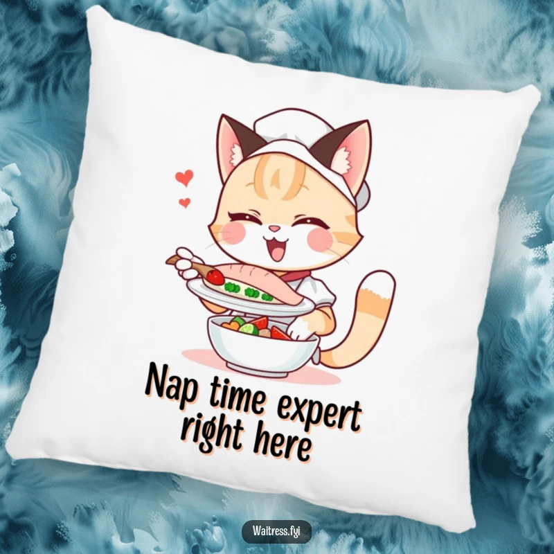 Funny cat waitress pillow, winking playfully while holding a fish dish, offering soft comfort and humor.