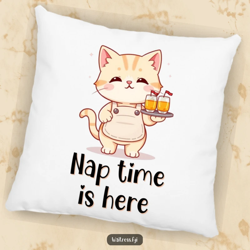 Funny kawaii cat pillow featuring a cute cat balancing drinks, offering softness and a heartwarming funny gift.