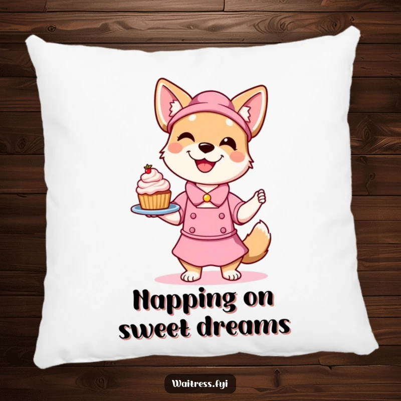 Funny Dog Waitress Pillow showcasing a smiling dog playfully balancing a dessert, combining plush comfort with delightful dessert-themed humor.