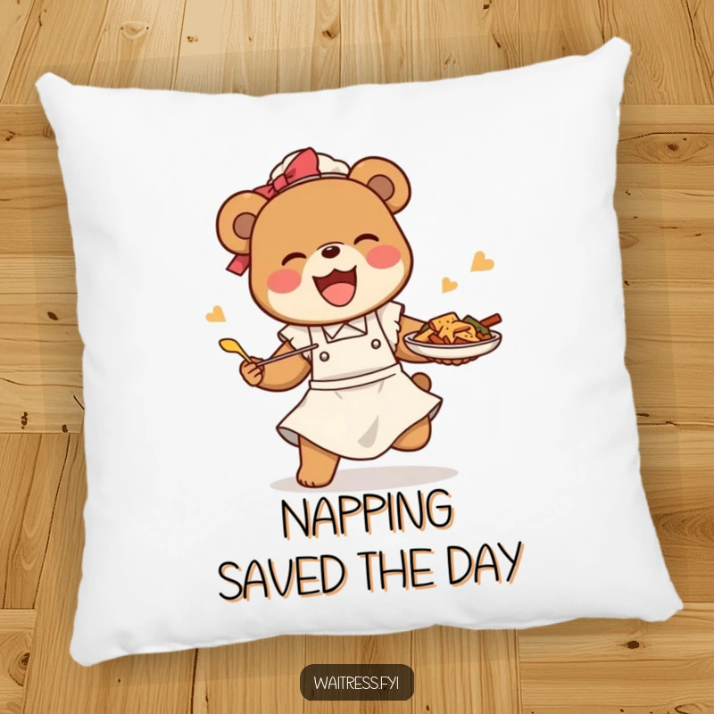 Funny bear waitress pillow with a plush design of a happy bear tripping but saving food, perfect for cozy comfort.