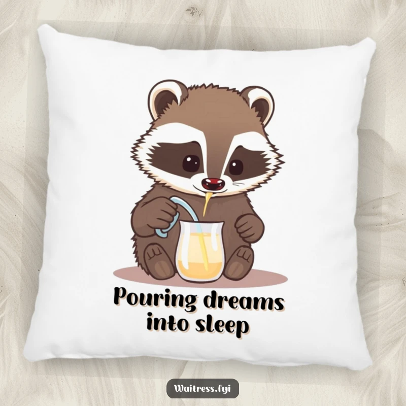Funny badger pillow, a brave badger carefully pouring a drink from a tiny pitcher. Soft and humorous decorative accent.