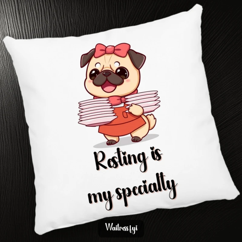 Funny Pug Waitress Pillow showcasing a happy pug waitress artfully balancing a stack of plates, blending comfort with canine comedy.