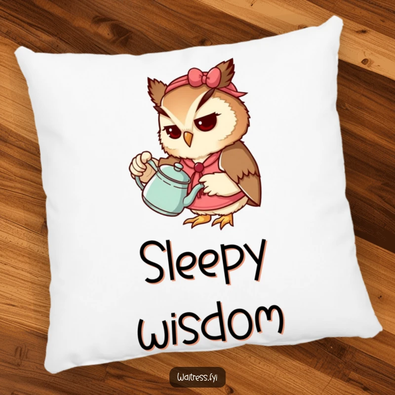 Funny Owl Waitress Pillow with a determined owl pouring tea, perfect for sofa decor and as a cute, funny gift.