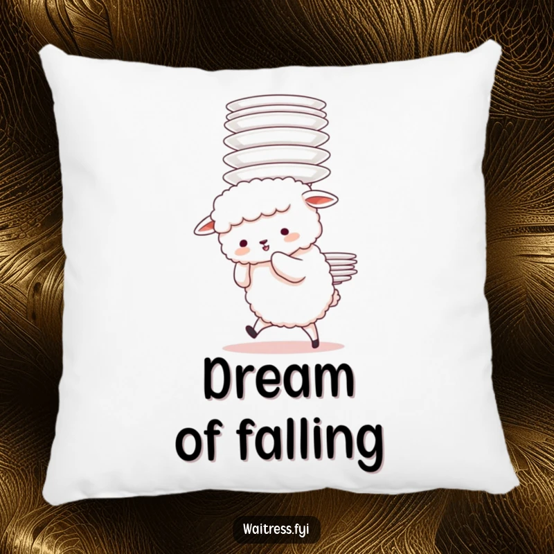 Funny Sheep Plate Struggle Pillow featuring a fluffy sheep character adorably struggling to carry a tall stack of plates, perfect for cozy comfort.